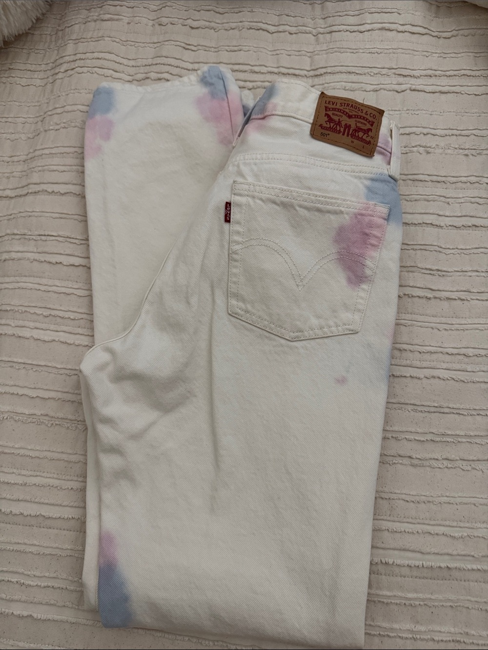 Levi's White Tie-Dye Straight Leg Jeans with Pink & Blue Accents